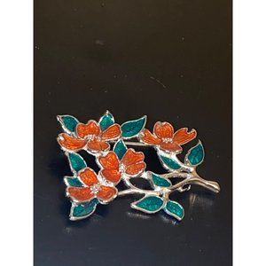 Enamel Flower Spray Floral Dogwood Pin Brooch Fish Enterprises Pink Green Silver